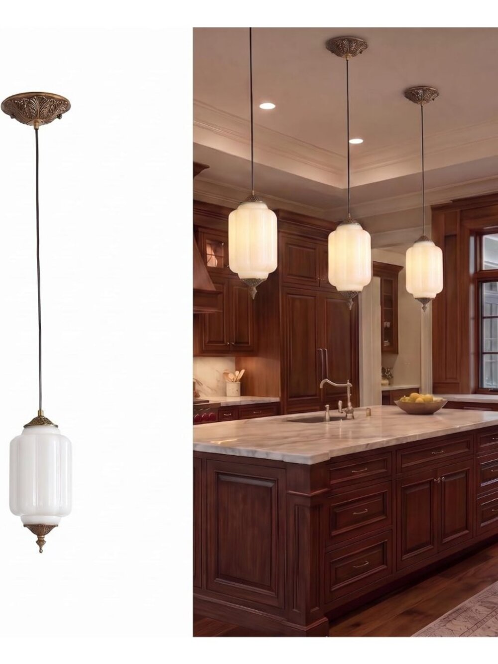 Vintage Milk Glass Pendant Light - Brass Hanging Lamp for Kitchen Decor